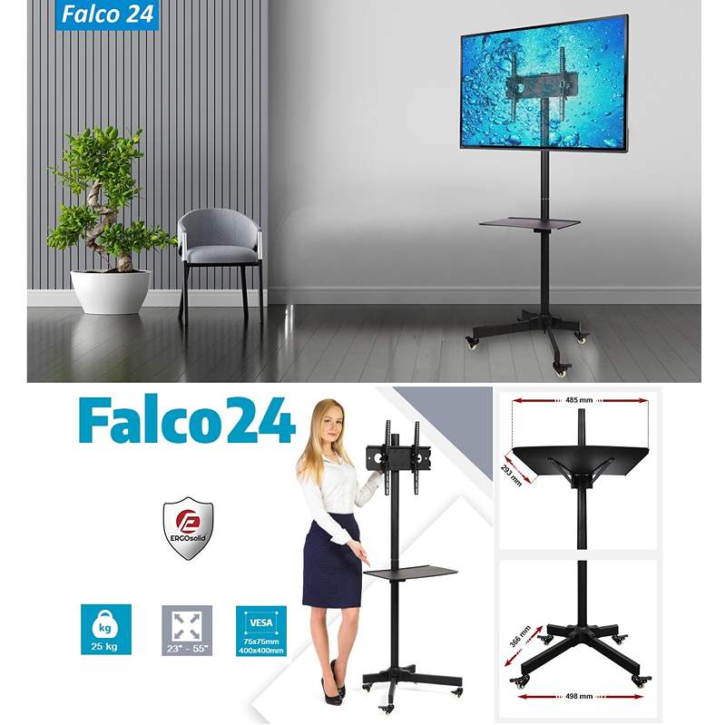 Ergosolid Falco 24 kvalitní stojan na televizi / monitor, nastavení výšky, náklonu, polička 485x293 mm