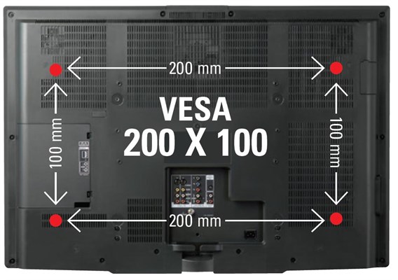 VESA standard - jak zjistit jaký VESA mám na Tv - měříme vzdálenost mezi otvory pro šroub nejdříve vodorovně a pak svisle, naměřené hodnoty v milimetrech udávají velikost VESA. Na obrázku je VESA 200x100mm.
