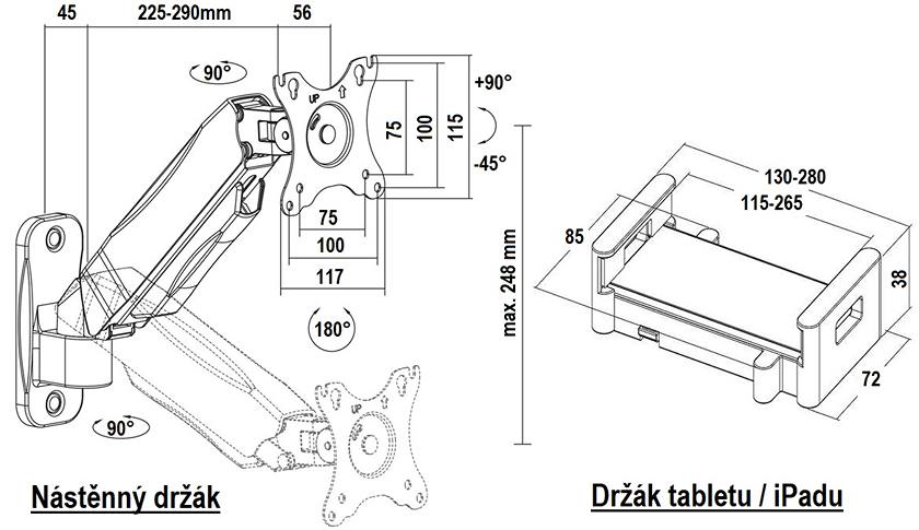 Rozměry a polohovatelnost držáku na tablet nebo mobil Fiber Mounts 991F120
