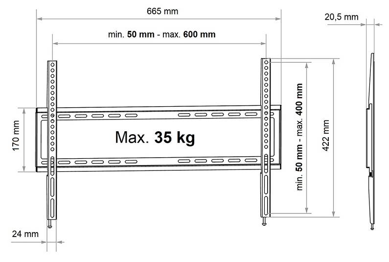 Nástěnný držák na televizi displej monitor Fiber Mounts FM02 rozměry