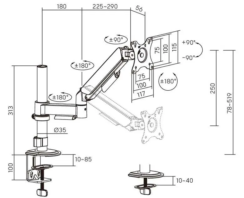 Rozměry a polohovatelnost monitorového držáku Fiber Mounts FM60