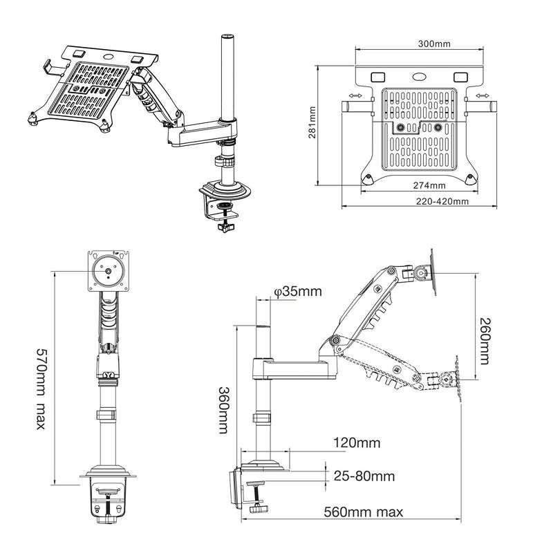 Držák notebooku Fiber Mounts H100FP2 rozměry a polohovatelnost