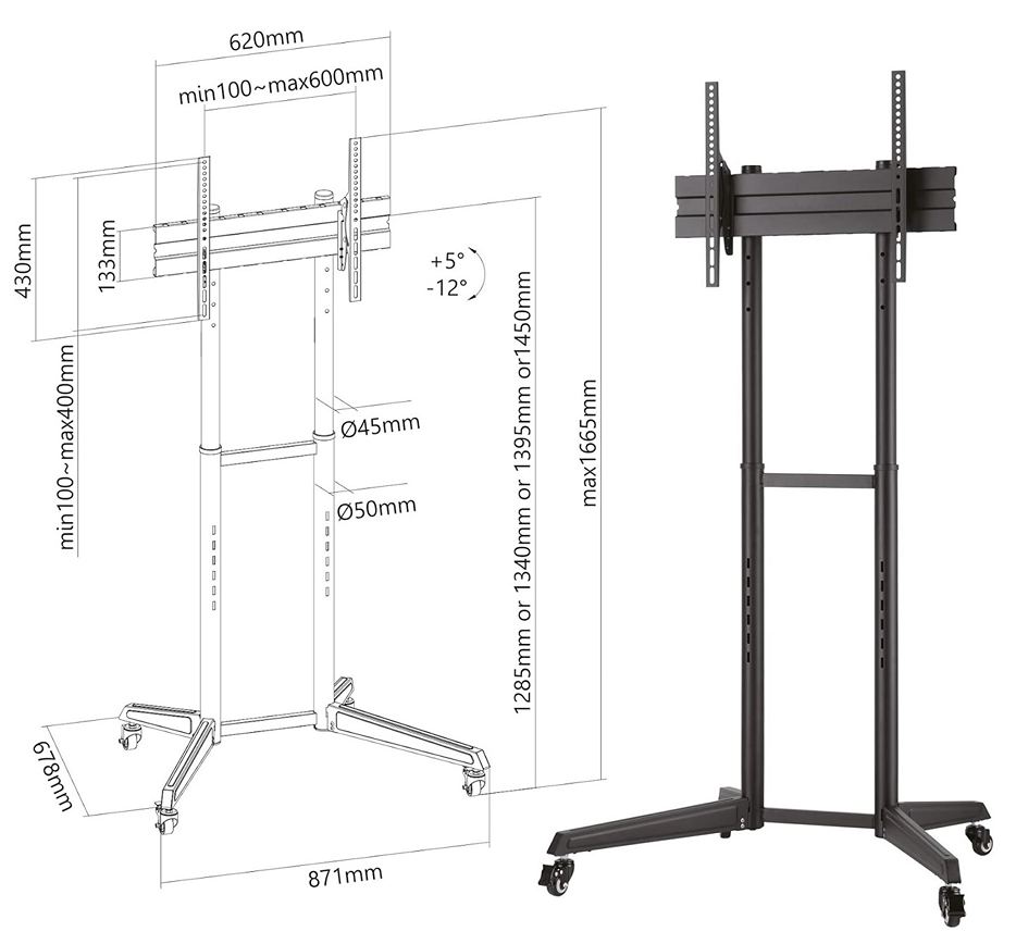 Rozměry TV stojanu Fiber Mounts LUTAR-1