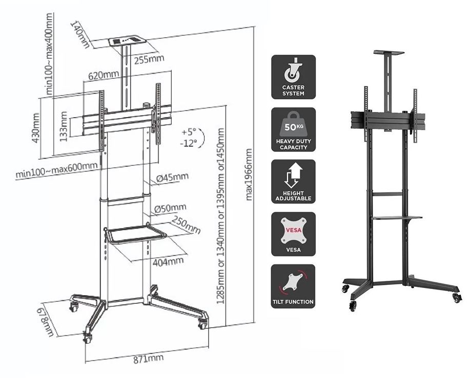 Fiber Mounts LUTAR-2 / rozměry TV stojanu