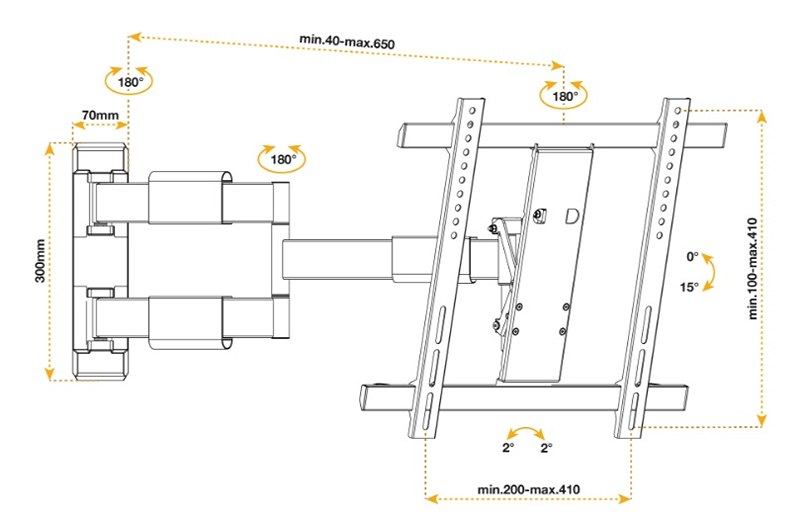 Profesionální TV držák Fiber Mounts Nice-1 rozměry a polohování