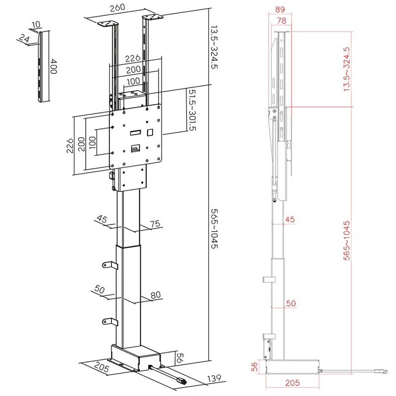 Rozměry TV výtahu Fiber Mounts Paloma-XS
