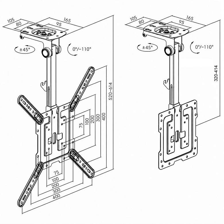 Držák na televizi monitor Fiber Mounts T22 rozměry a polohovatelnost