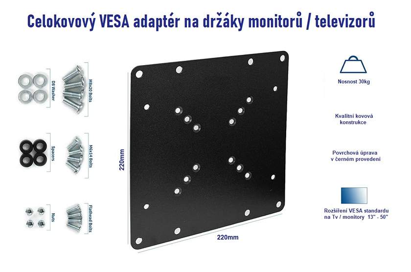 Kovový VESA adaptér pro rozšíření / zmenšení VESA standardů držáků na 50x50 / 75x75 / 100x100 / 100x200 / 200x100 / 200x200 Fiber Mounts VESA200