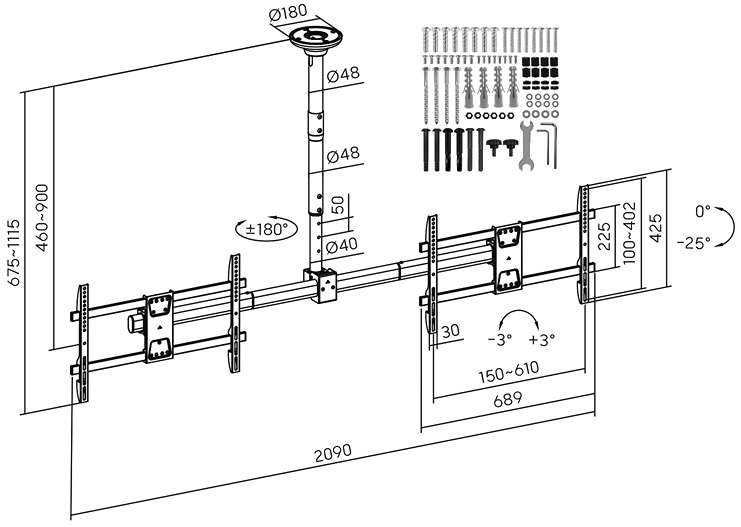 Držák na 2 televize vedle sebe pro uchycení na strop Fiber Mounts FM111B rozměry