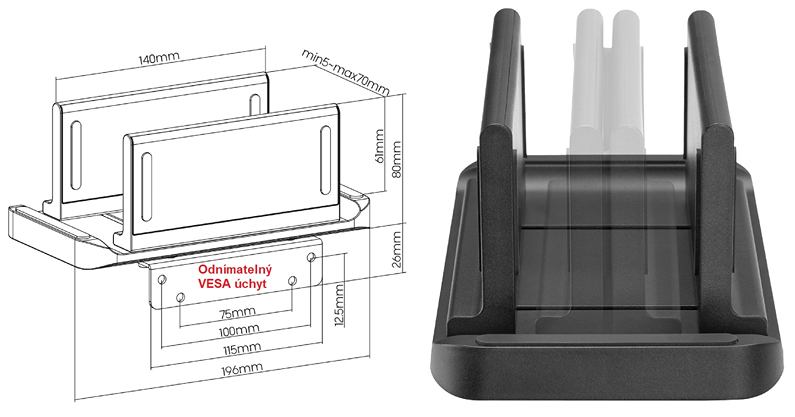Rozměry držáku mini pc laptopu terminálu Fiber Mounts M4C54