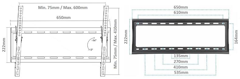Sklopný držák Tv monitoru Fiber Mounts M6C05 rozměry a instalační otvory držáku