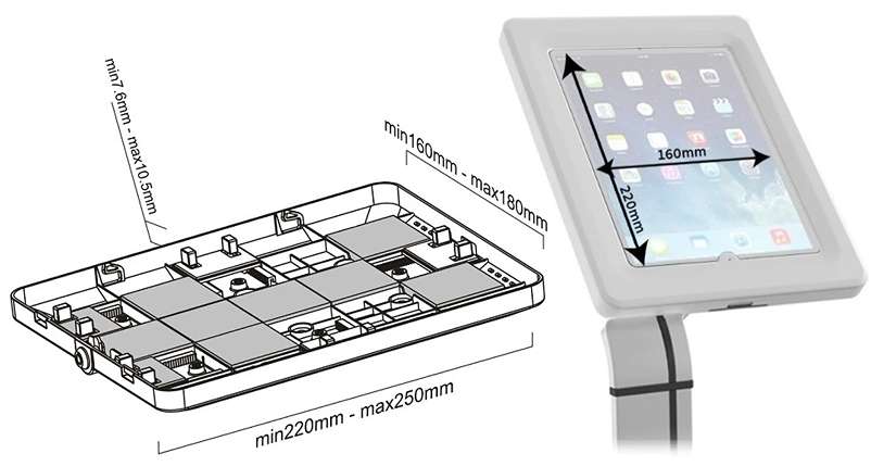 Vnitřní a vnější rozměr držáku tabletu Fiber Mounts M6C44