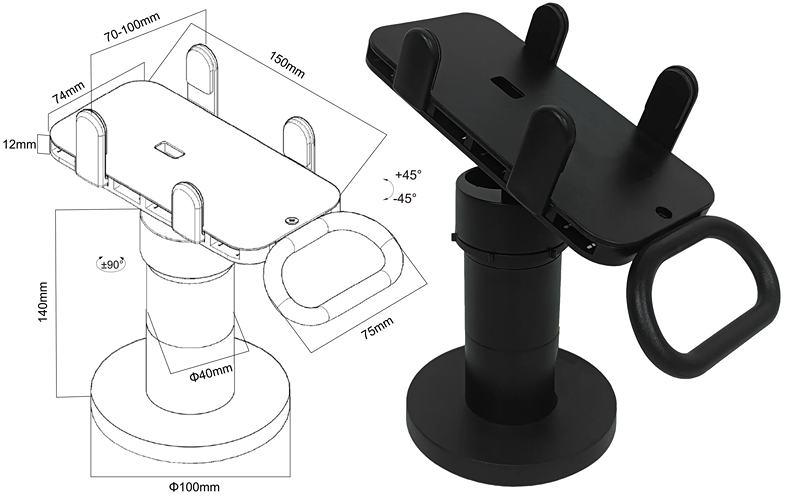 Otočný a sklopný držák na platební terminál Fiber Mounts M8C19 rozměry