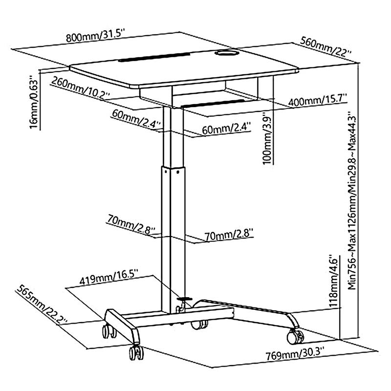 Rozměry stolu na notebook Fiber Mounts M9C03