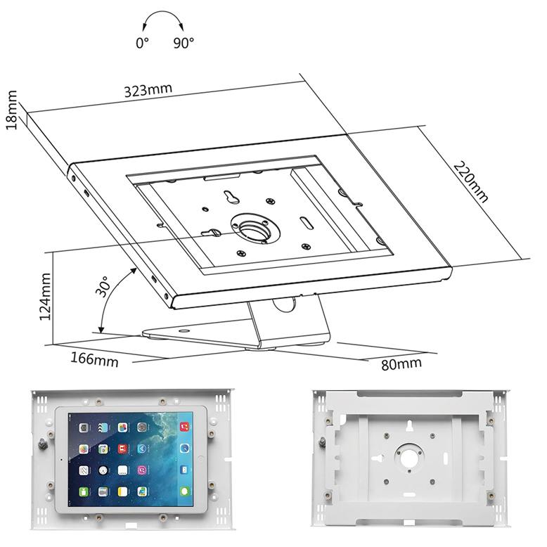 Rozměry uzamykatelného držáku na iPad nebo tablet, instalace na stůl nebo na zeď Fiber Mounts M9C09