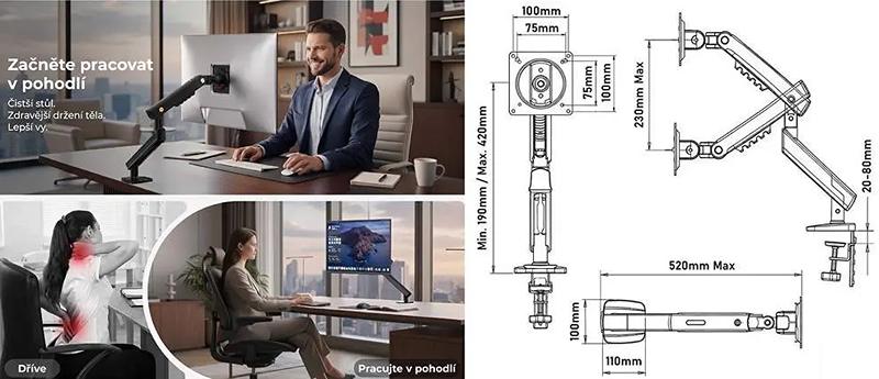 Rozměry, polohovatelnost a VESA standardy stolního držáku na monitor displej TV NB A5