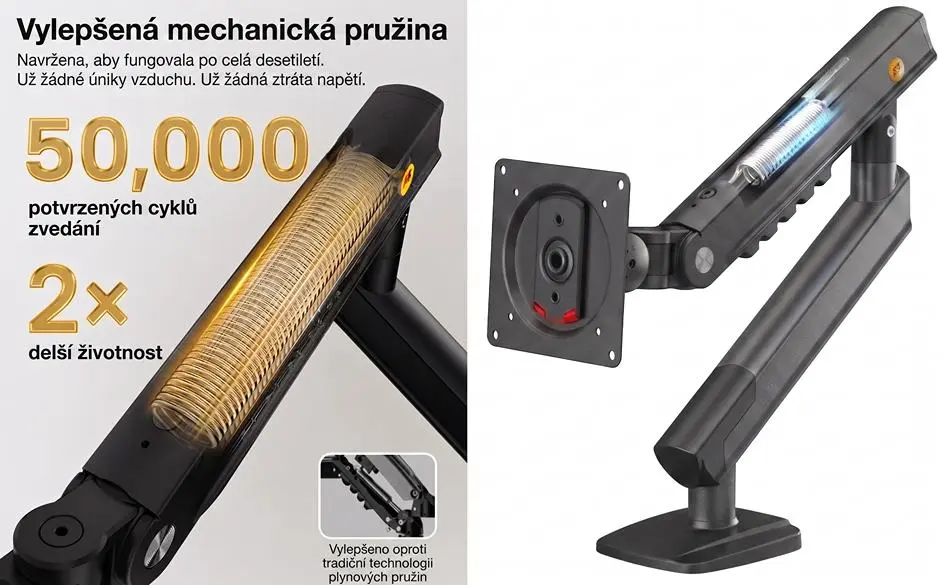 2x delší životnost nové generace stolních držáků NB A5 a vylepšená konstrukce pro snadnou instalaci na stůl a extra snadné polohování obrazovky