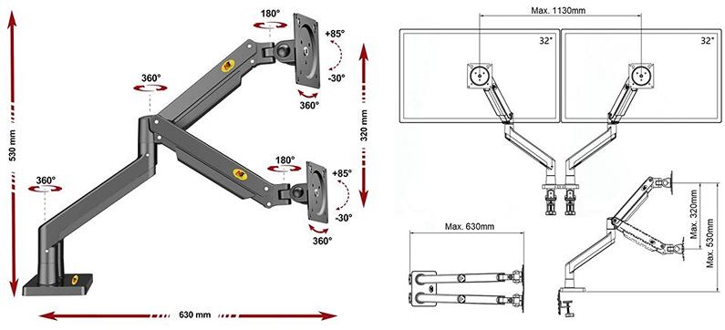 Kancelářský držák na 2 monitory NB G32 rozměry