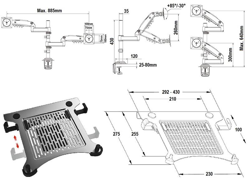 Rozměry držáku na monitor a držáku na notebook NB H3-H180