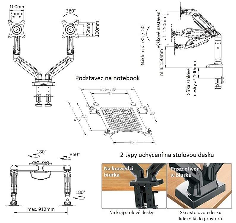 Fiber Mounts 764F160: držák na monitor a notebook (laptop), uchycení na stůl, otočný, sklopný, výškově a délkově nastavitelný, top kvalita, krásný design Rozměry stolního držáku na monitor a notebook / laptop Fiber Mounts H3F160