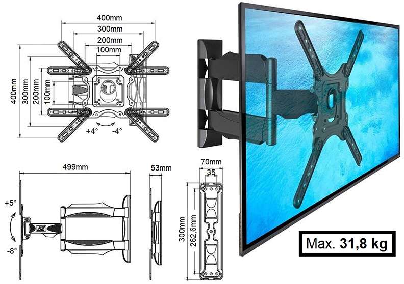 Rozměry a polohovatelnost TV držáků NB P4