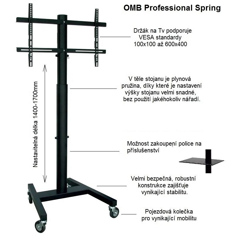 Televizní stojan s plynovou pružinou pro snadné a rychlé nastavení výšky v rozmezí 140 až 170cm, nosnost 40kg, VESA standard 100x100 až 600x400 - OMB Professional Spring Televizní stojan se vztlakovou pružinou pro snadnou změnu výšky OMB Professional Spring