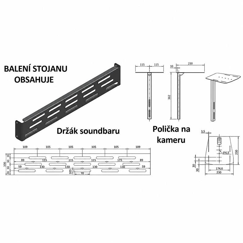 Polička na kameru a držák soundbaru jsou dodávány se stojanem OMB Trolley XXL