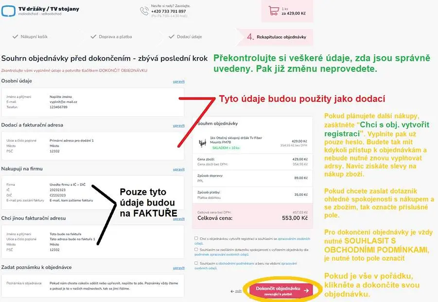 Vyplňte jméno, email, telefon a adresu a klikněte "Pokračovat na rekapitulaci"