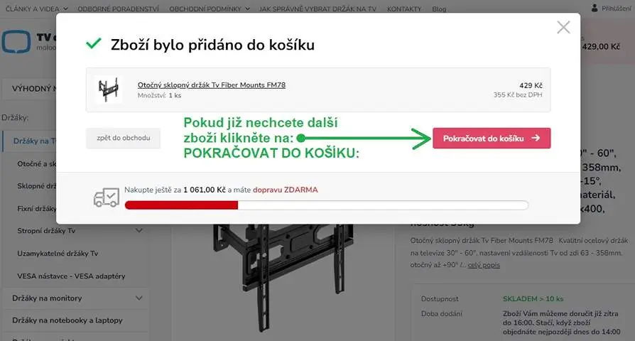 Klikněte na "Pokračovat do košíku"