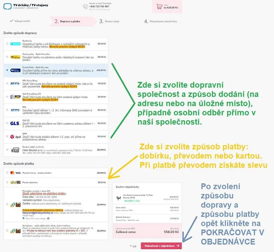 Zvolte dopravu a způsob platby, klikněte na "Pokračovat v objednávce"