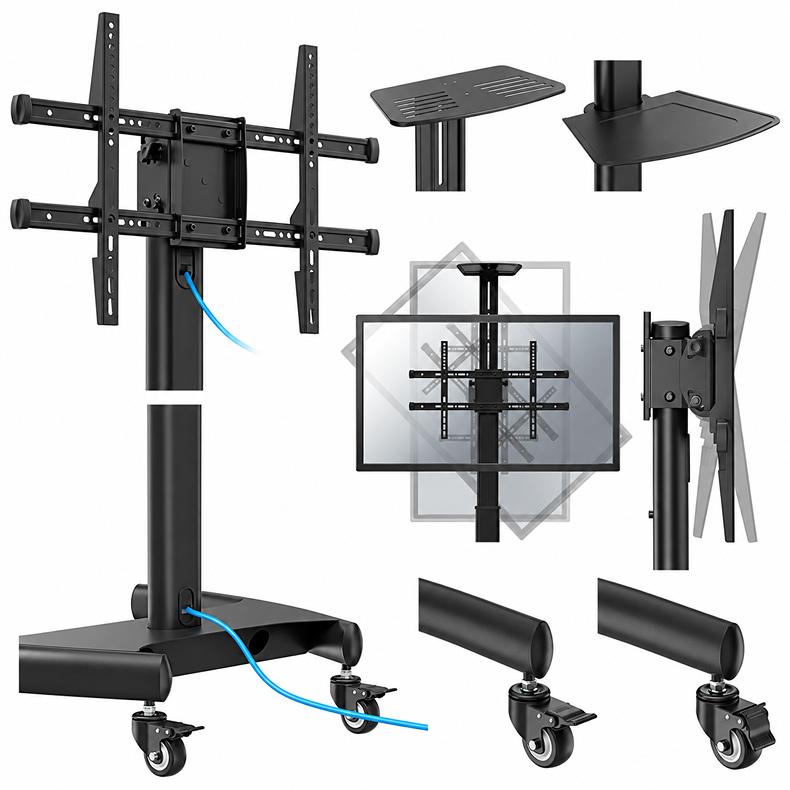 Polička na příslušenství, kolečka s aretací, systém vedení kabeláže na stojanu na TV Fiber Mounts Charlie