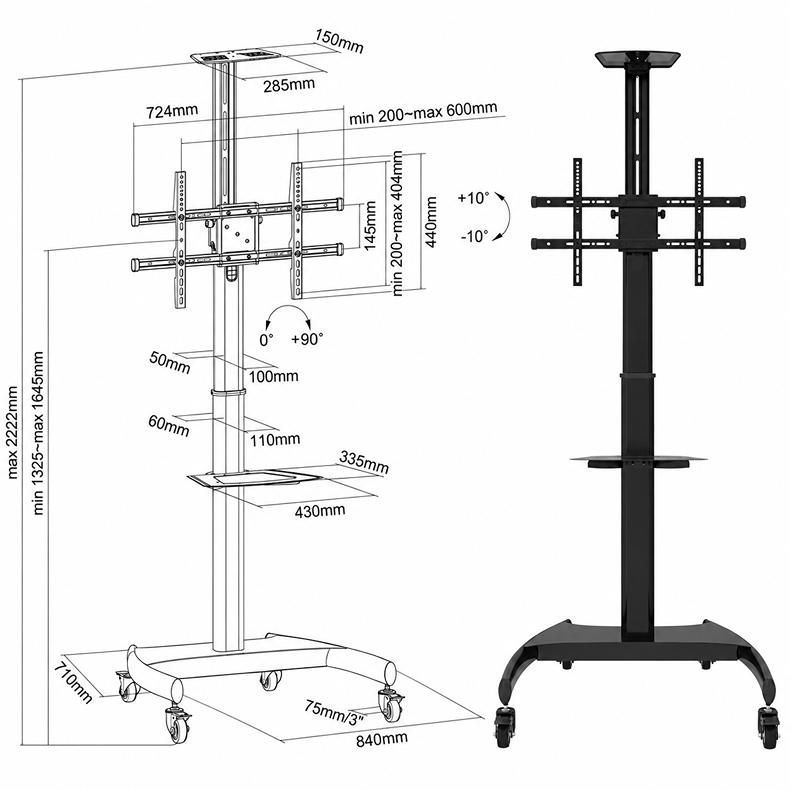 Rozměry a polohovatelnost podlahového stojanu na TV Fiber Mounts Charlie