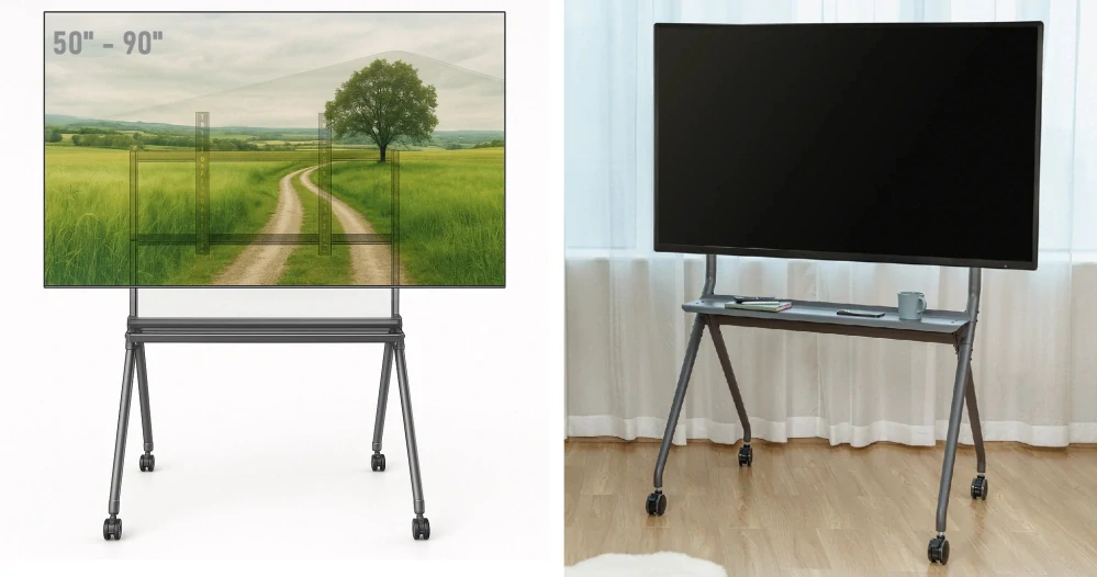 Podlahový stojan pro zavěšení televize, pojízdný, nastavení výšky, ideální na přednášky a prezentace Fiber Mounts M9C77