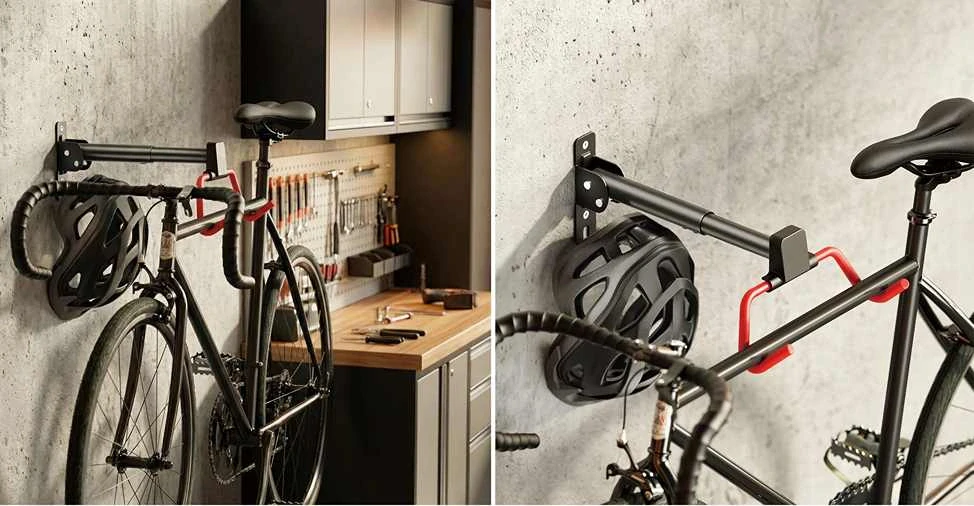 N&aacute;stěnn&yacute; drž&aacute;k j&iacute;zdn&iacute;ch kol Fiber Mounts DNK10 se zavě&scaron;en&yacute;m kolem a helmou