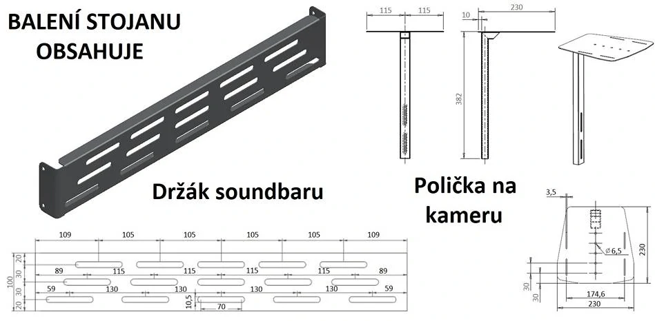 Polička na kameru a držiak soundbaru sú dodávané so stojanom OMB Trolley XXL