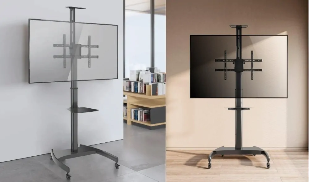 Kvalitný pojazdný stojan na televízie a monitory s nastavením výšky, náklonu, funkcií pivot a poličkami Fiber Mounts CHARLIE