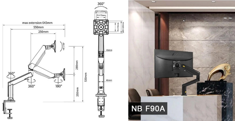 Stolní držák na monitory NB F90A rozměry
