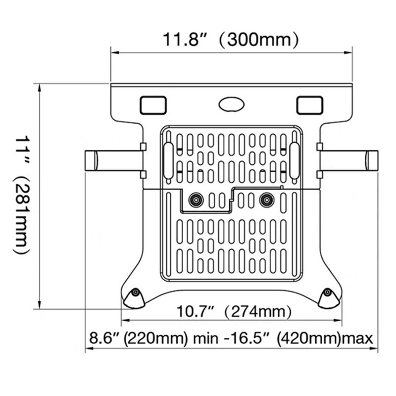 Polička pro bezpečné a spolehlivé uchycení noteboků a laptopů na stolní nebo nástěnné držáky - Ergosolid LT105 NB FP-2 držák na notebook laptop, rozměry