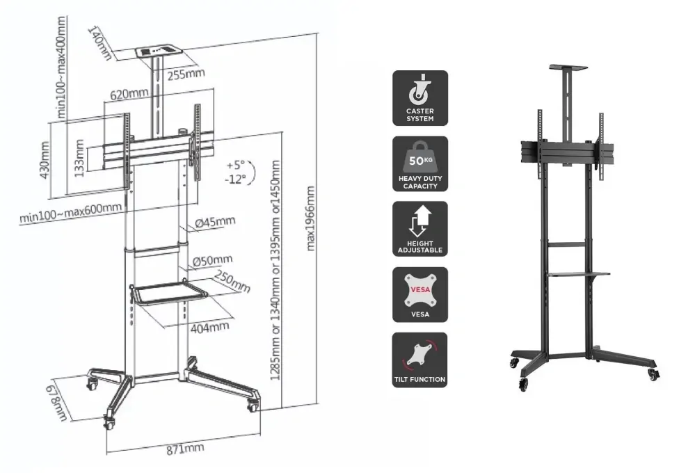Fiber Mounts LUTAR-2 / rozměry TV stojanu