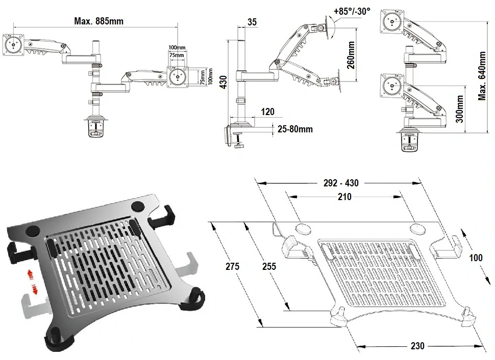 Rozměry držáku na monitor a držáku na notebook NB H3-H180