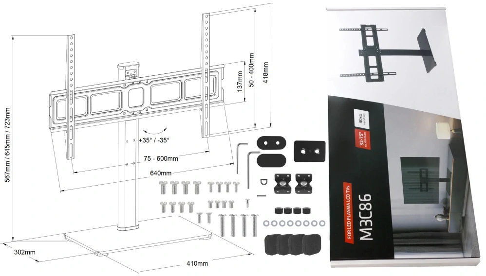 Rozměry a instalační materiál Fiber Mounts M3C86