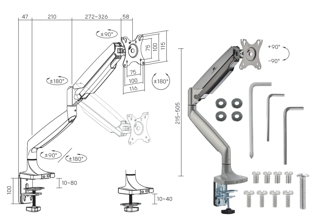 Rozměry a instalační materiál držáku monitoru Fiber Mounts M9C69