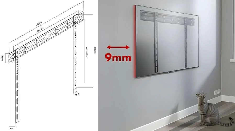 Fixní držák na televize a monitory se vzdáleností od zdi pouhých 9mm a nosností 65kg Fiber Mounts Thin9XL rozměry