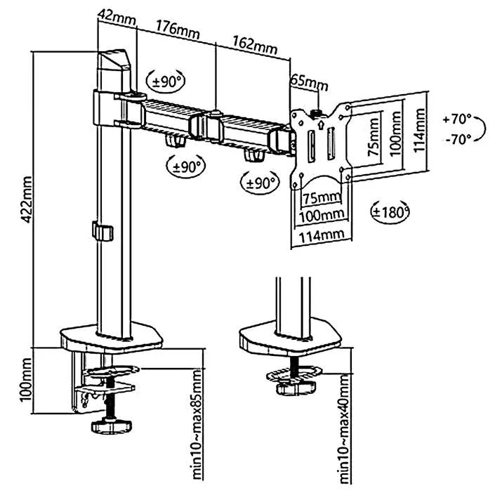 Rozměry a polohovatelnost monitorov&eacute;ho drž&aacute;ku Fiber Mounts FM448