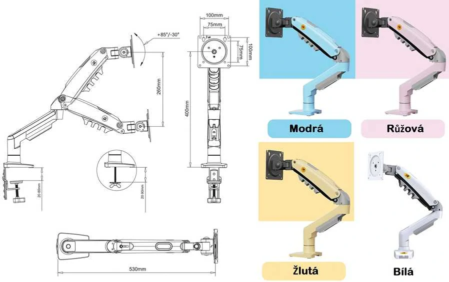 Výkres držák Fiber Mounts F80 / drzakyastolky.cz Rozměry držáku monitoru NB F80xd žluté barvy a další barevné varianty