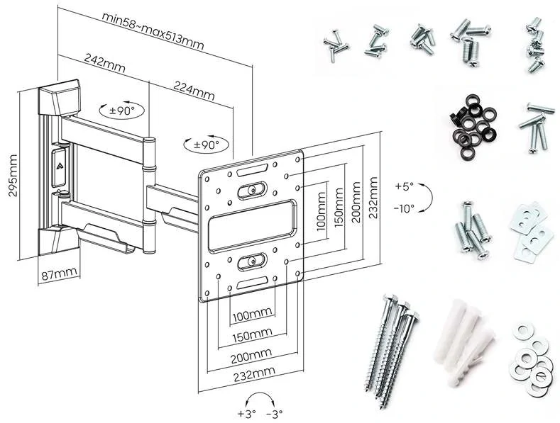 Rozměry Tv drž&aacute;ku Fiber Mounts FM39b a dod&aacute;van&yacute; instalačn&iacute; materi&aacute;l