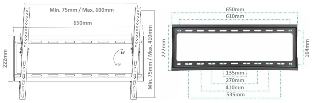 Sklopný držák Tv monitoru Fiber Mounts M6C05 rozměry a instalační otvory držáku